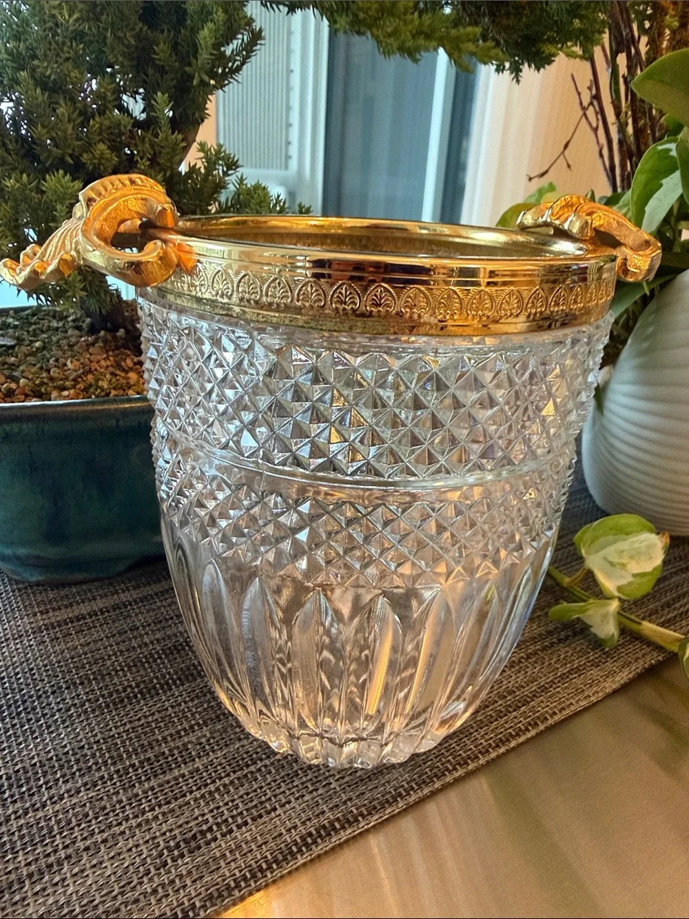 Glass Ice Bucket with Gold-Tone Rim and Decorative Handles